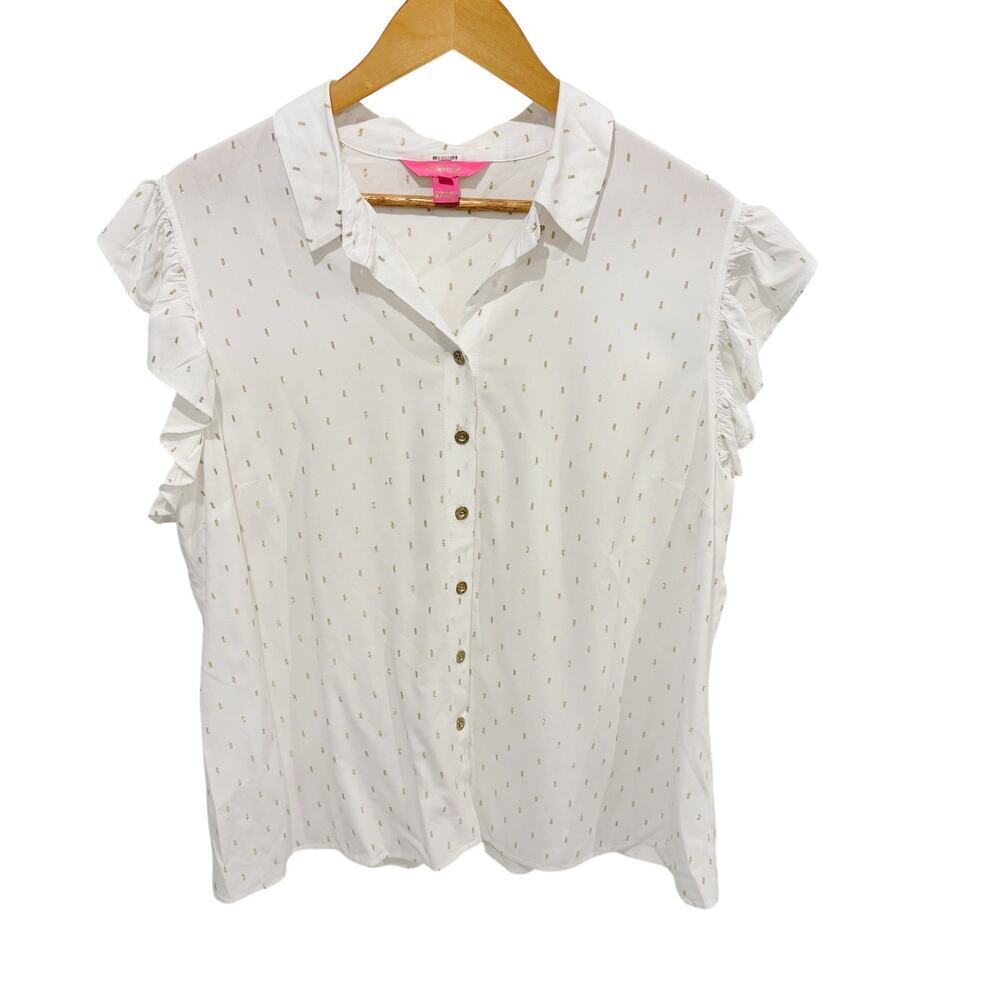 Lilly Pulitzer Branson Button Down Top Resort White Metallic Women's XL Ruffle